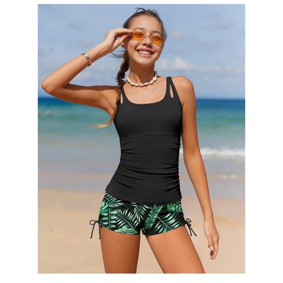 The Unbranded Brand Other - Girls tankini 2 piece swimsuit tropical black and green board shorts 15-16